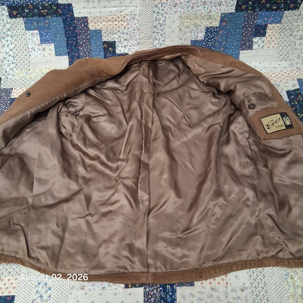 Vintage Eros Modelli Mens Brown Leather Field Jacket Medium Wooden Buttons